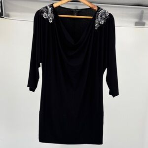 WHBM Black Dress With Beaded Sequin Shoulders, Knee Length Cowl Neck, Size Small